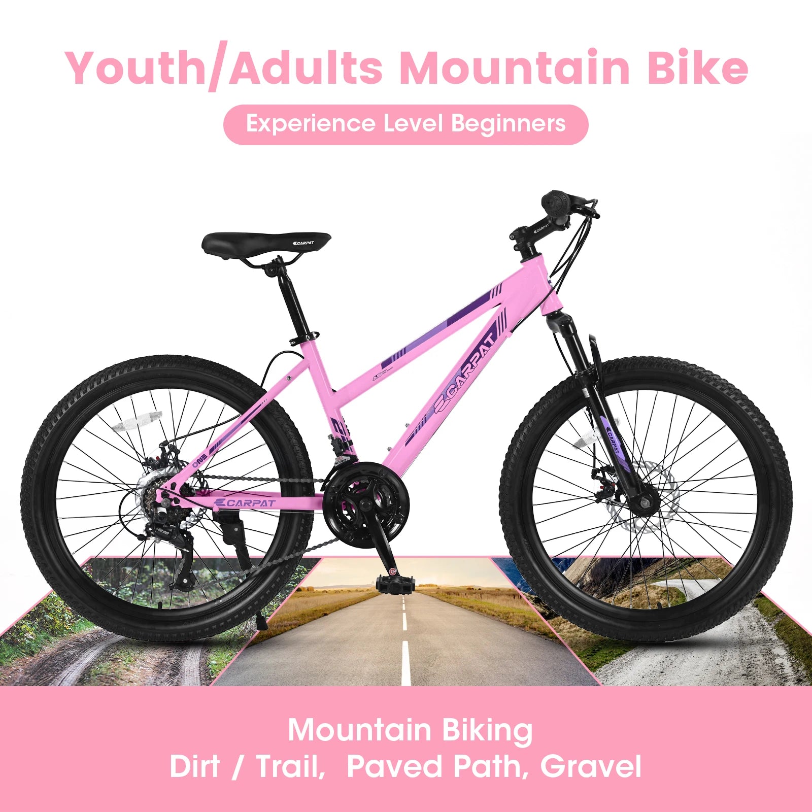 Mountain Bike 24, 26 Inch Wheels, 21-Speed Disc Brake, 15" Steel Frame Front Fork Suspension