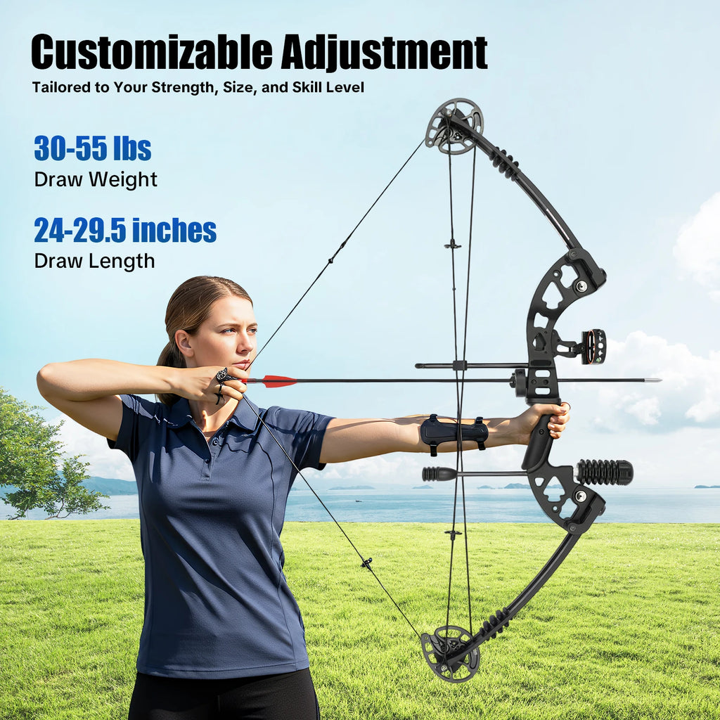30-55 lbs Compound Bow Adjustable Draw Weight and Length with 3-Pin Sight