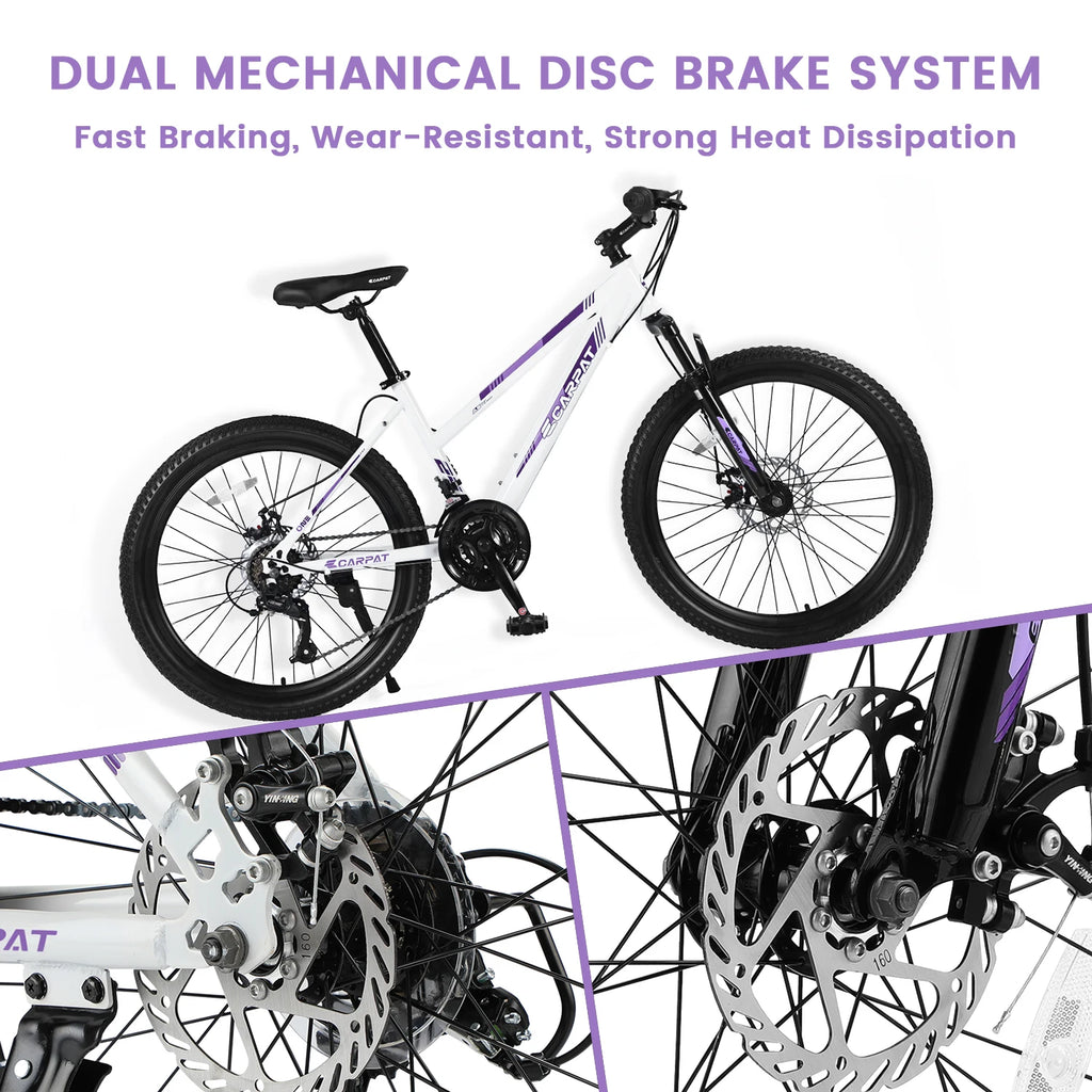 Mountain Bike 24, 26 Inch Wheels, 21-Speed Disc Brake, 15" Steel Frame Front Fork Suspension