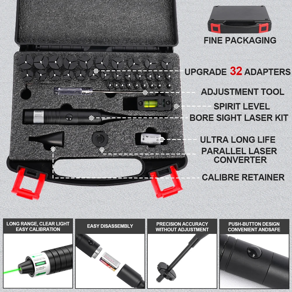 Universal Laser Bore sighter Kit: Green Laser, 32 Adapters