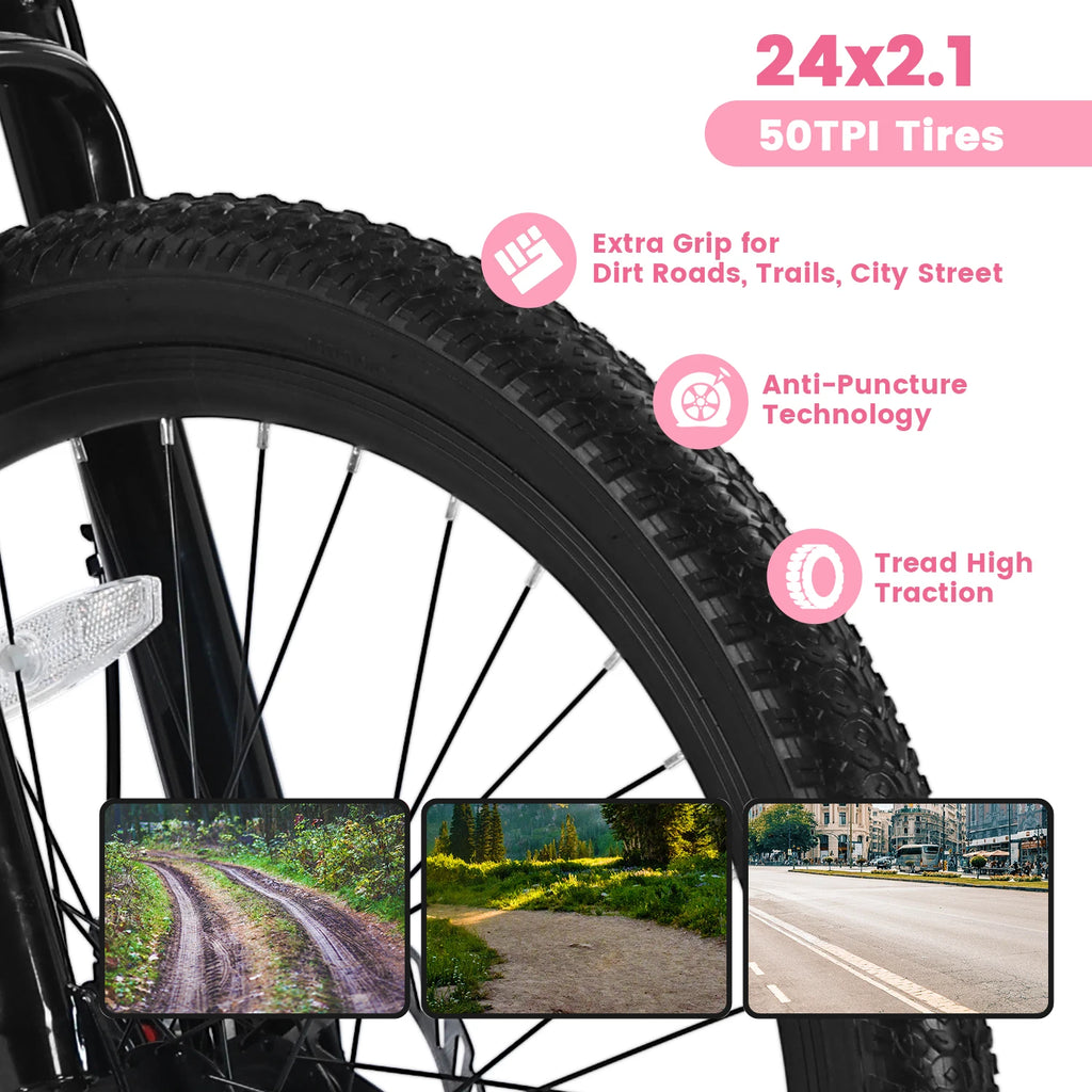Mountain Bike 24, 26 Inch Wheels, 21-Speed Disc Brake, 15" Steel Frame Front Fork Suspension
