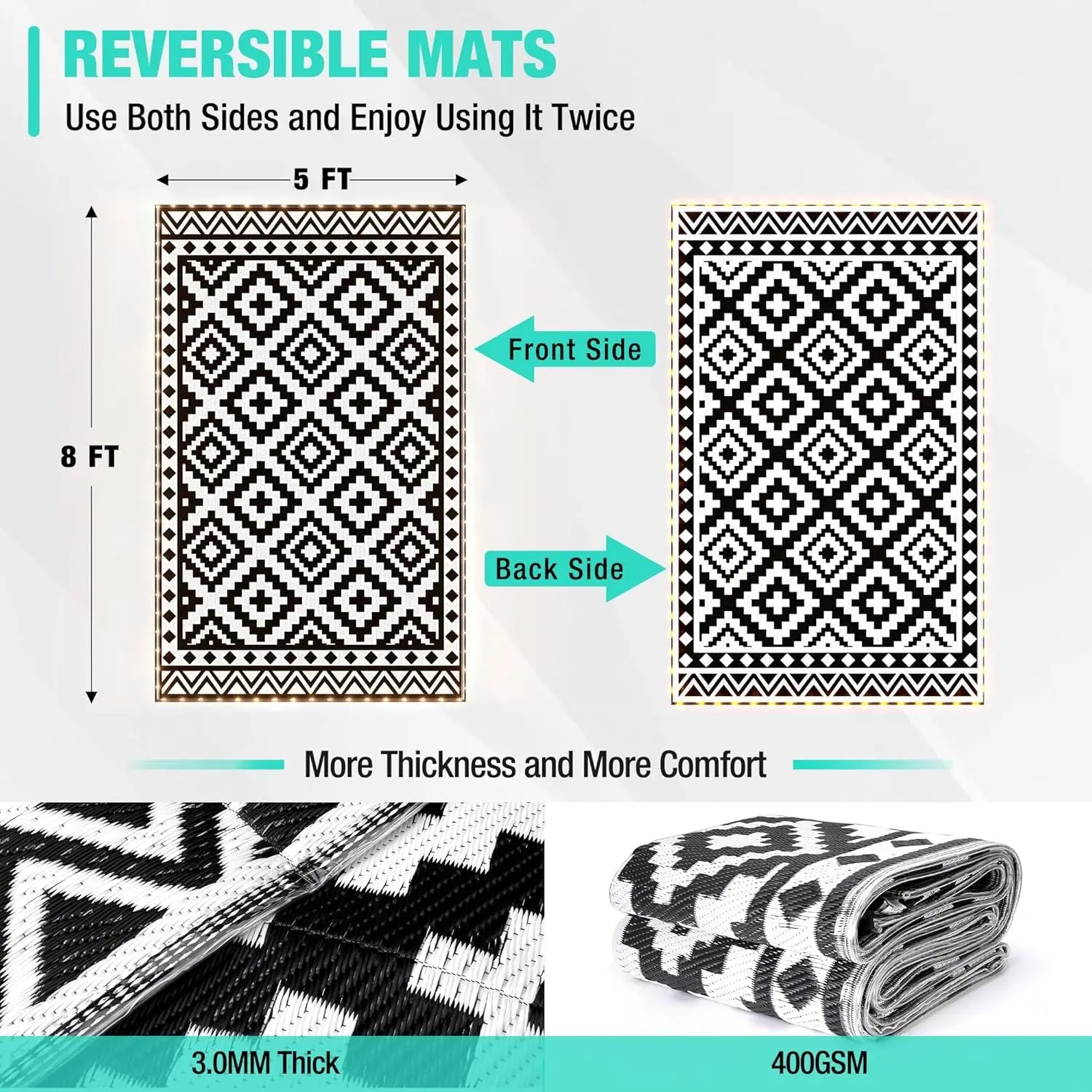 5'X8' Waterproof Outdoor Rug with LED Lights